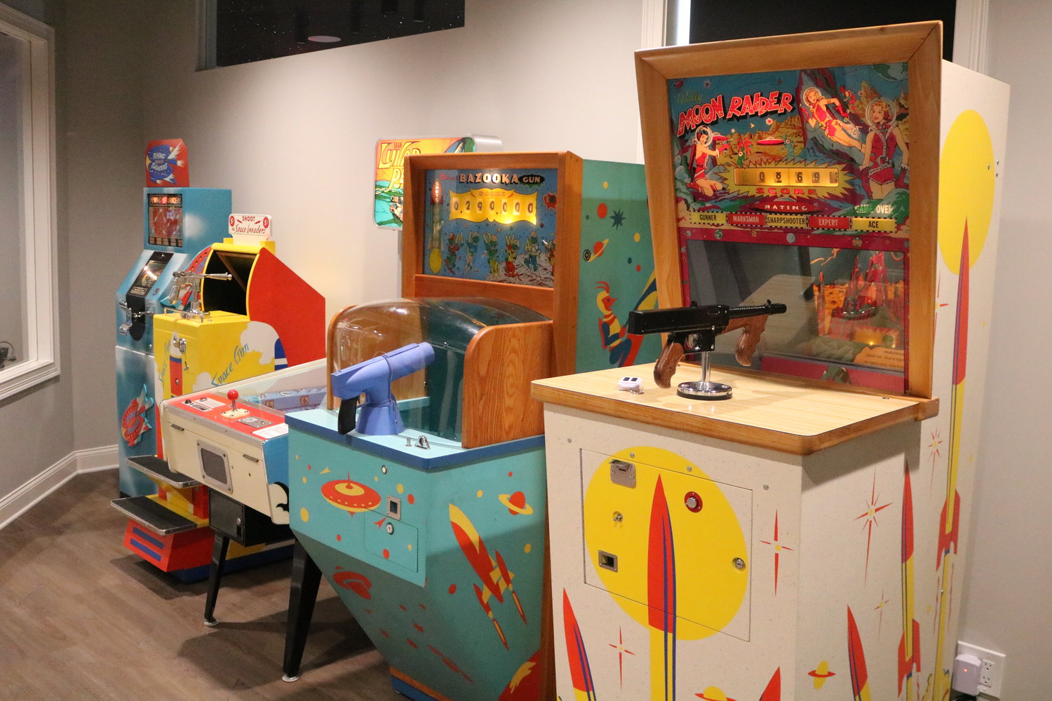 Vintage arcade machines add to the collection’s unique vibe.